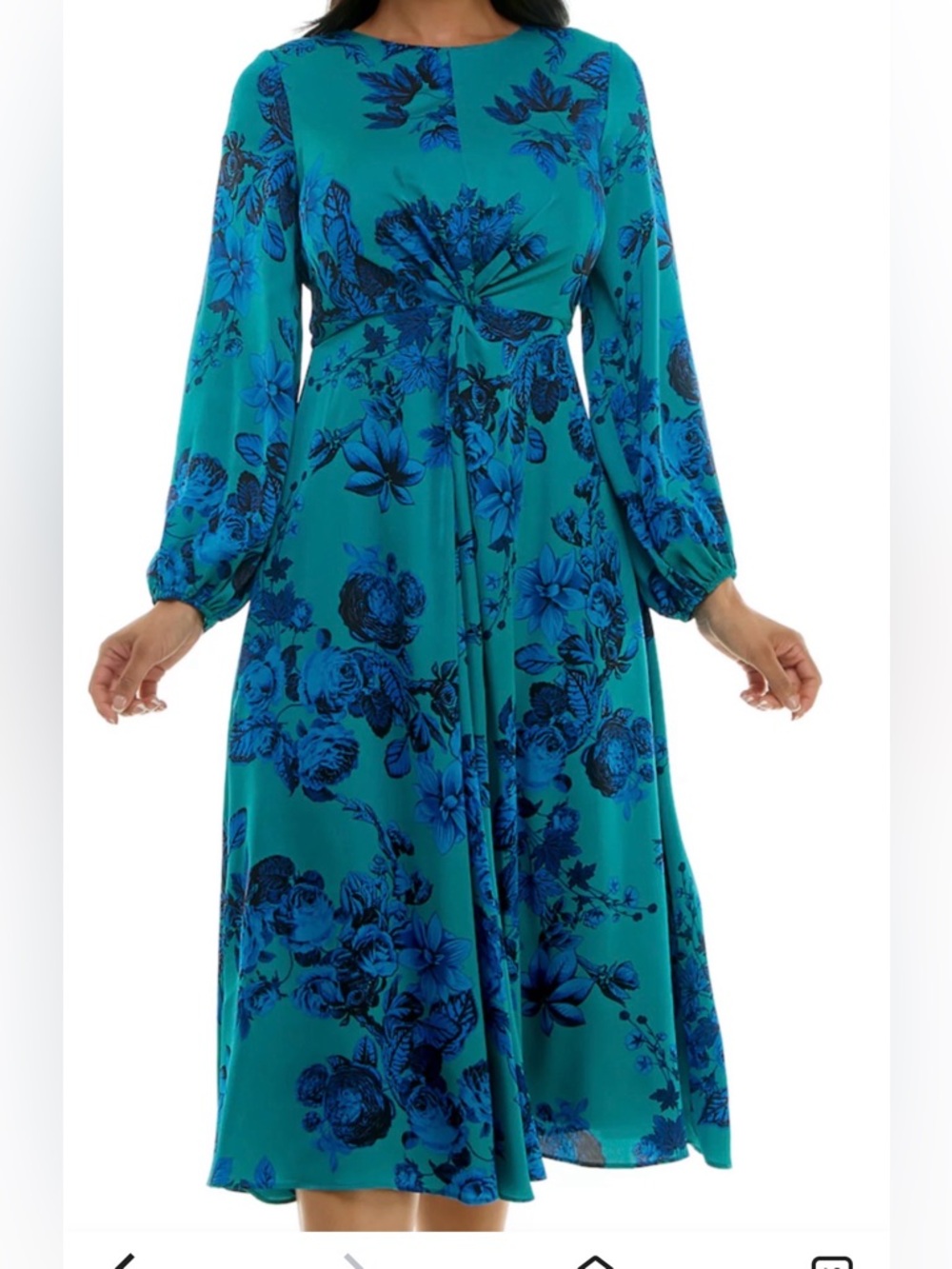 Teal Blue Floral Twist-Waist Midi Dress